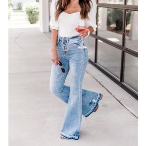 Pink Lily Donna Frayed Hem Medium Wash Flare Jeans Size 29